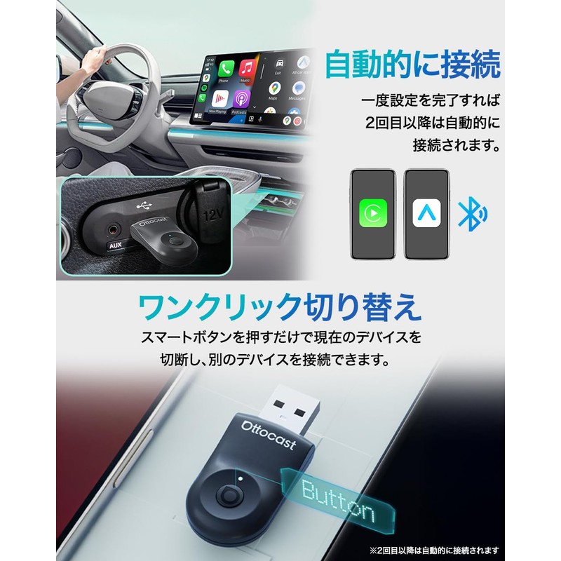 OTTOCAST Mini Wireless CarPlay & Android Auto Adapter, Wireless, Compatible