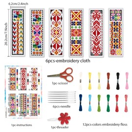BEUNITONE Cross Stitch Bookmark Kits 6 Pcs Traditional Decorative Patterns Counted Cross Stitch Kit Hand Stamped Embroidery Kit for Beginners Floral Fabric Bookmark Making Kit DIY 8''x2.4''
