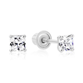 14k White Gold Solitaire Square Princess-cut CZ Stud Earrings with Secure Screw-backs (3mm)…