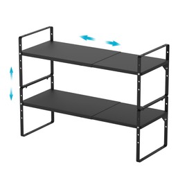 iPEGTOP 2 Pack Expandable Cabinet Storage Shelf Organizer Rack, Heavy Duty Steel Metal Spice Rack Adjustable Height Office Garage Pantry Shelf Space Riser for Counter Kitchen Organization, Black
