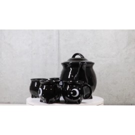 Ebros Gift Wicca Sacred Moon And Stars Witches Brew Black Cauldron Teapot And 4 Cups Set