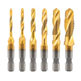 Combination Drill Tap Bit Set, 6 Pieces, 1/4 Inch HSS M3-M10 Screw Hex Shank Countersink Tools, Machine Tap Set for Wood, Plastic, Thin Aluminium, Not for Hard Metal