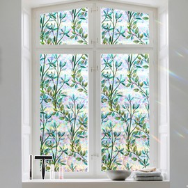 Kromapolis Window Privacy Film, Stain Glass Window Film, 3D Decorative Window Cling, Rainbow Green Leaves Glass Sticker, Anti UV Heat Control Window Cover for Home, Non-Adhesive 17.5 x 78.7 inches