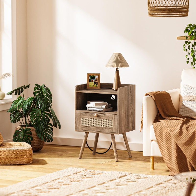 SUPERJARE Nightstand with Charging Station & Rattan-Like Decor Drawer, Rattan