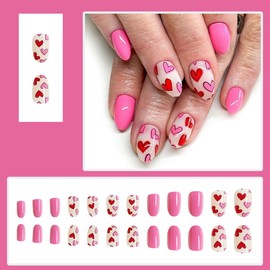 Valentine's Day Press on Nails Medium Short Fake Nails Pink Petite Oval False Nails Nude Pink Full Cover Glue on Nails with Heart Designs Valentines Acrylic Nails for Women Girls Manicure 24Pcs