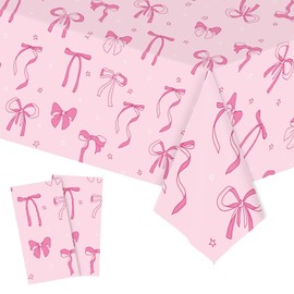2 Pcs Pink Bow Table Cloth Party Decorations Rectangle Tablecloths, Coquette Bow Birthday Decorations Large Size Birthday Bridal Baby Shower Picnic Waterproof Plastic Table Cover 54 x 108 Inch