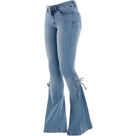 Women's Lace-up Bell Bottom Denim Jeans Mid Waist Stretchy Flare Pants Trouser Leggings (Blue, S)