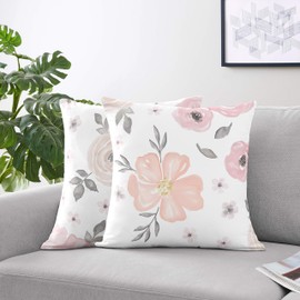 Blush Pink, Grey and White Decorative Accent Throw Pillows for Watercolor Floral Collection by Sweet Jojo Designs - Set of 2