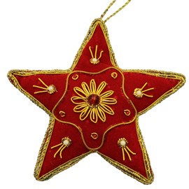 Christmas Star Ornament, Red Velvet with Gold Zari Zardozi Embroidery, Beads and Faux Pearls - Handmade in India