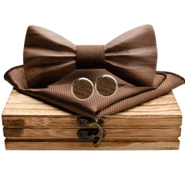 Mr.Van Wooden Bow Tie, Wooden Bow Tie Men's 3D Natural Black Walnut Cufflinks Pocket Square Set Groom Best Man Wedding Prom with Gift Box for Men