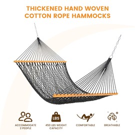 Lazy Daze Hammocks Double Rope Hammock, 2 Person Traditional Outdoor Hand Woven Cotton Rope Hammock with Spreader Bar, Chains, Tree Straps for Patio Yard - Max 450 Lbs, Dark Grey