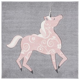 SAFAVIEH Carousel Kids Collection Area Rug - 3' Square, Grey & Pink, Non-Shedding & Easy Care, Ideal for High Traffic Areas for Boys & Girls in Playroom, Nursery, Bedroom (CRK163F)