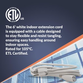 Newhouse Electric 6-Foot White Power Extension Cord EXTCORD6FT-WH, Plug Extension Outlet Supports 2-Prong and 3-Prong Devices, Heavy-Duty Power Cord with Single Electrical Outlet