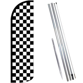 Vista Products Checkered BLACK/WHITE Premium Windless Feather Banner Flag Kit (Flag, Pole, & Ground Mt)