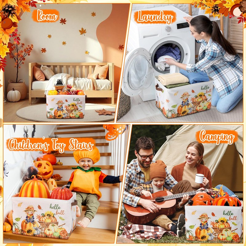 Seeloowy Hello Fall Pumpkin Gift Basket Large Maple Leaf Scarecrow