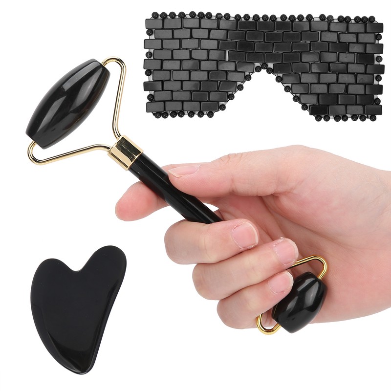 3pcs Obsidian Facial Roller Gua Sha Board Therapy Blindfold Beauty