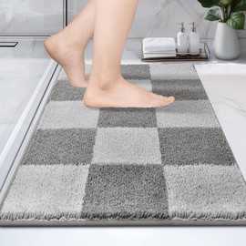PURRUGS Machine Washable Matting Free Bathroom Rug 20" x 30", Non-Slip Dense Pile Bath Mat, Super Absorbent and Quick-Dry Bath Rug for Shower, Bathtub, and Sink, Light Grey & Grey