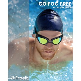 Freela Polarized Swimming Swim Goggles for Adult Men Women, Underwater Pool Beach Goggles 180° Clear Wide View Anti Fog UV Protection, Youth Sports Glasses No Leaking Mirrored Green Lens Nose Piece