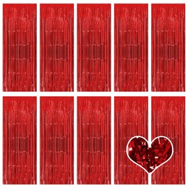 10 Pack Red Backdrop Curtain 3.2ft x 8.2ft Metallic Tinsel Foil Fringe Curtains Photo Booth Background for Birthday Party Decoration Baby Shower Engagement Wedding Christmas Decoration (Red)