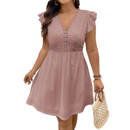 Eytino Plus Size Dresses for Curvy Women Ruffle Cap Sleeve Lace V Neck Swing A Line Mini Short Dress,1X Pink