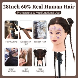 28" Mannequin Head with 60% Real Hair,Cosmetology Manikin Practice Doll Head with Hair,Braiding Hairdressing Head with Tripod Stand for Hair Styling with Table Clamp + DIY Hair Styling Set #4