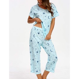 ENJOYNIGHT Womens Pajama Sets Cotton Summer Pjs Tops with Capri Pants Sleepwear (Star, X-Large)