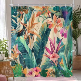 DZLGC Tropical Colorful Palm Leaf Shower Curtain, Tropical Floral Leaves Hawaiian Botanical Jungle Plant Bathroom Curtain, Waterproof Cloth Fabric Bath Curtain Accessories with Hooks 69X70IN