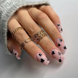 24pcs Valentines Nails Heart Press on Nails Medium Length Fake Nails Valentines Day Nails with Black Heart Design Valentine False Nails for Women and Girls DIY Manicure Valentines Nails Decoration