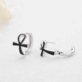 Black Ankh Cross Earrings 925 Sterling Silver Ankh Huggie Hoop Earrings Egyptian Ankh Jewelry Protection Symbol Earrings for Men Women