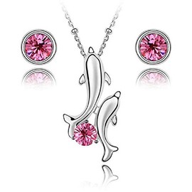 Crystalline Azuria Crystals Dolphins Set Pink Rose Pendant Necklace 18 inches Stud Earrings 18K White Gold Plated for Women