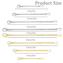 EASONGEE 8pcs Necklace Extender, Jewelry Extension Chains, Bracelet Extension Chains, Necklace Chain Extender, Alloy Jewelry Extenders for Necklace Bracelet Anklet, 2/3/4/6inch, (Gold & Silver)