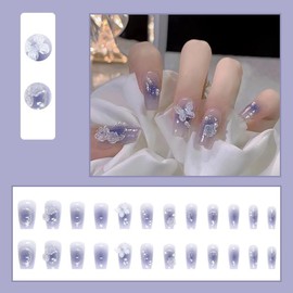 JZEOCKO 24 Uñas Postizas Acrílicas Brillantes Con Diseño 3D De Mariposas Y Perlas En Azul Y 24 Uñas Postizas En Rosa Nude Ombré. Set De Decoración De Uñas Reutilizable Para Mujeres Y Niñas.