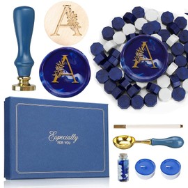 SWANGSA Initial Alphabet A Wax Seal Stamp Kit, Vintage Elegant Botanical Leaves Letter Sealing Stamp with Sealing Wax Beads Gift Box Kit