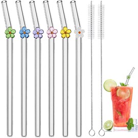 Reusable Glass Straws Shatter Resistant, 7.9'' x 8mm Cute Clear Drinking Straws for Smoothies, Coffee, Juice, Milk, Cocktails, Set of 6 Bent and 2 Cleaning Brushes (colorful flower)