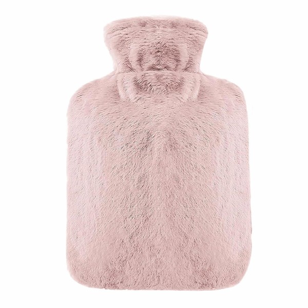 Hot Water Bottle with Soft Cover, 2L Bed Bottle, Fluffy PVC Hot Water Bag, Ideal for Pain Relief, Safe and Durable, Best Gift for Women and Adults (Pink)