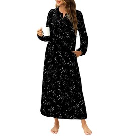 ETOSELL Womens Long Sleeve Nightgowns Soft Ladies Sleep Shirts V Neck Full Length Night Shirts Sleepwear with Pockets