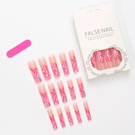 Press on Nails Square Extra Long French Tips Fake Nails with Glitter Pink Wave Designs Glossy Squoval Full Cover Gel Glue on Nails for Women 24 Pcs (Pink-8, style-8)