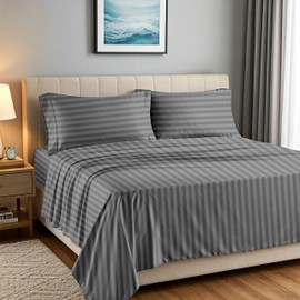 Carressa Linen 100% Egyptian Cotton Sheets - 1500 Thread Count 4 PC Queen Damask Sheet Set Egyptian Cotton, Sateen Luxury Sheets Queen Size, High Thread Count Sheet, 19" Deep Pocket - Dark Grey Stripe