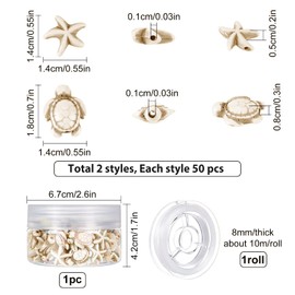 SUNNYCLUE 100Pcs 2 Styles Tortoise and Starfish Summer Beads for Jewelry Making - Synthetic Turquoise Turtle Charms Bulk Ocean Animal Spacer for Elastic Thread Bracelets - Beige
