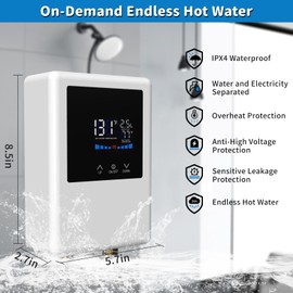Tankless Water Heater Electric 110V, 5500W Instant Hot Water Heater with Remote Control and LCD Touch Screen Self-modulating, Overheating Protection for Demand