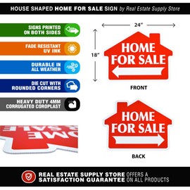 Home For Sale with Arrow Sign Kit, Die Cut House Shape and Yard Stands, Durable Corrugated Coroplast, UV Ink, Real Estate Agent Supplies, 18x24 Signs + Yard Stakes (Red - Home For Sale (10)