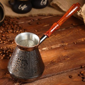 AEVVV Copper Turka Coffee Maker 17 oz - Turkish Cezve Coffee Pot Copper 500 ml - Grapes Ornament Engraved Coffee Ibrik - Mini Saucepan with Spout and Wooden Handle