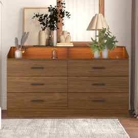 6 Drawers Dresser, Dresser for Bedroom with Power Outlet, Modern Chest of Drawers with LED Light, Storage Dresser with Open Storage Cubby, Dresser Organizer for Closet, Entryway, Living Room, Walnut