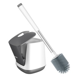 SetSail - Escobilla y soporte de silicona para inodoro automáticos para baño con soporte, cepillo para polvo limpiador de inodoro ventilado para limpieza de inodoros, blanco y gris