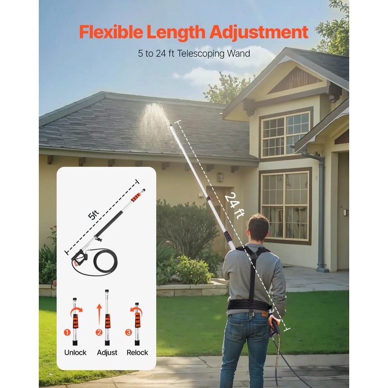 VEVOR Pressure Washer Telescoping Wand, 24 ft, 4000 psi, Telescopic
