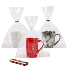 SOMIOCO Clear Cello Cellophane Treat Bags OPP Plastic Poly Bags Goodie Bags for Gift Wrapping, Bakery, Cookie, Candies, Soaps, Party Favors Packaging with Color Twist Ties 8x12 in 50 PCS