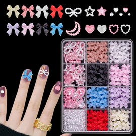 3D Bow Nail Charms, 500 Pcs Cute Bow Nail Art Charms Pink White Star Moon Heart Flat Nail Pearls Nail Rhinestones Gems Nail Art Decorations Accessories DIY Crafts (Multi-Colored)
