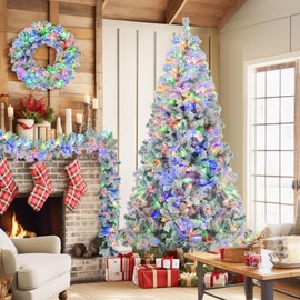 Merax 3Pcs Prelit Snow Flocked 6FT Christmas Tree and 9FT Garland & Wreath Set with Pine Cones, Artificial Xmas Winter Wonderland Decorations for Holiday Party Home Décor, 360 Colorful Lights, 8 Modes