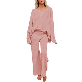 Pink Queen Women's 2 Piece Knit Sweatsuit Oversized Loose Knit Sweater Matching Loungewear Set Pink M