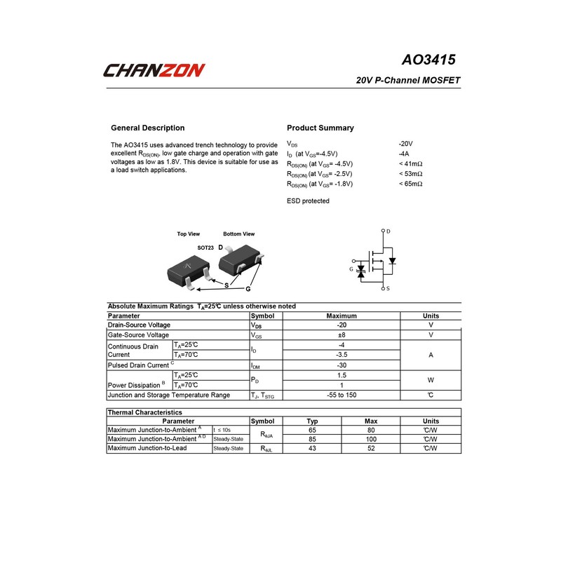 Chanzon AO3415 SOT-23 Sic Mosfet P-Channel 4A Transistor SMD Pack